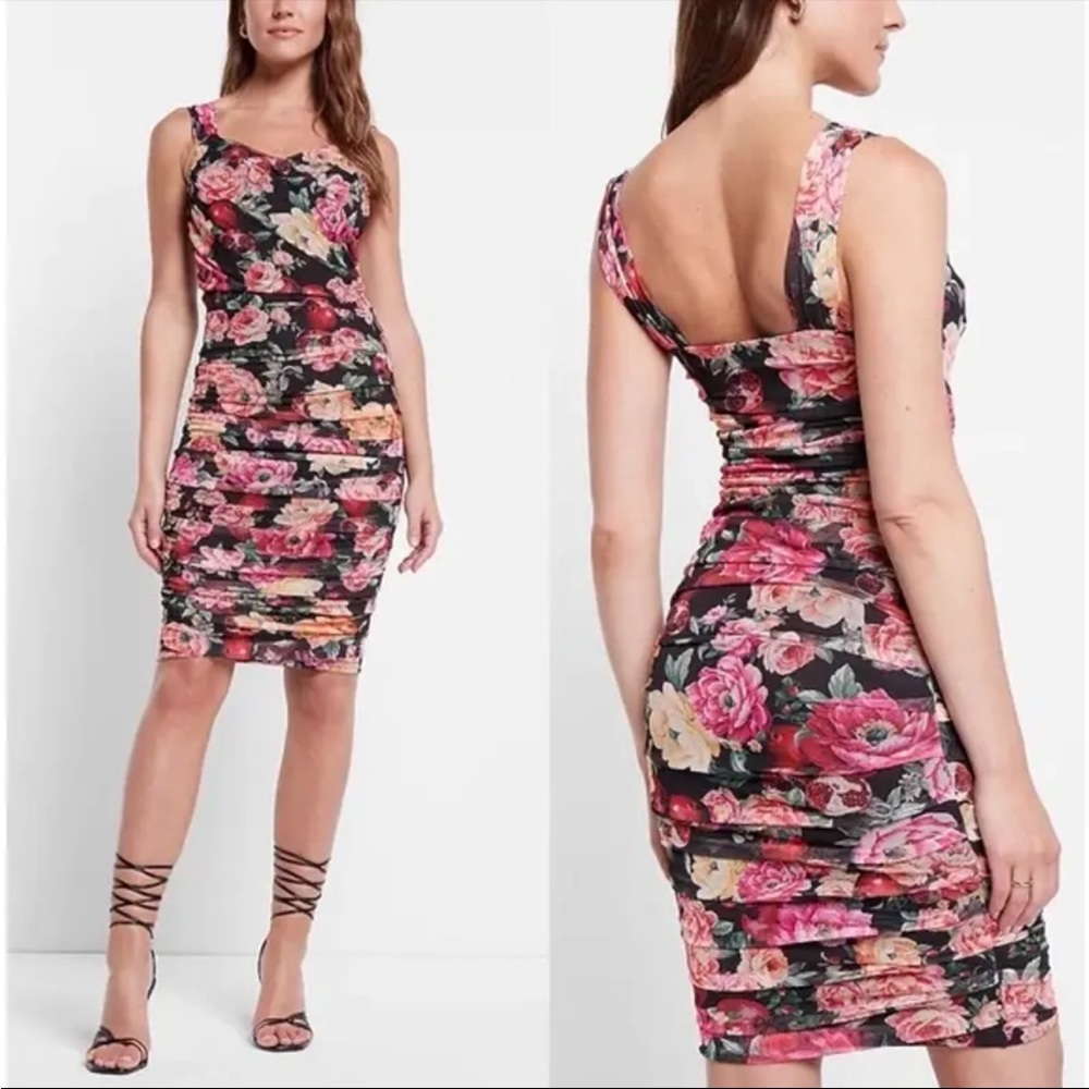 Express Body Contour Floral Mesh Sweetheart Neck Dress